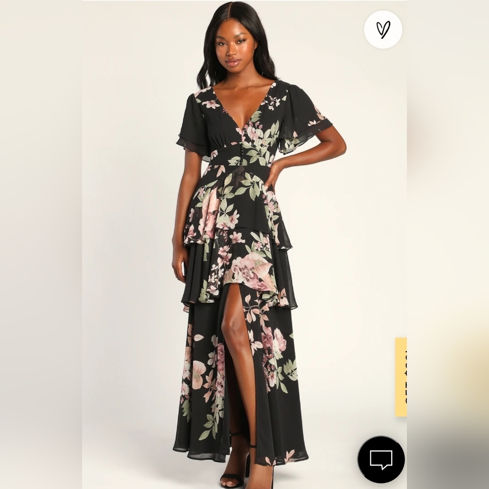 NWT Midnight Mood Black Floral Print Tiered Maxi Dress Size M